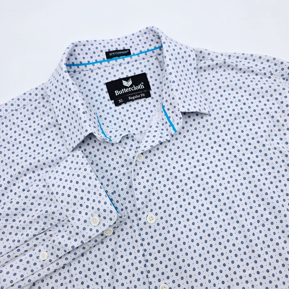 Buttercloth Icy Cotton Shirt Men XL Regular Fit Blue White Geometric Long Sleeve